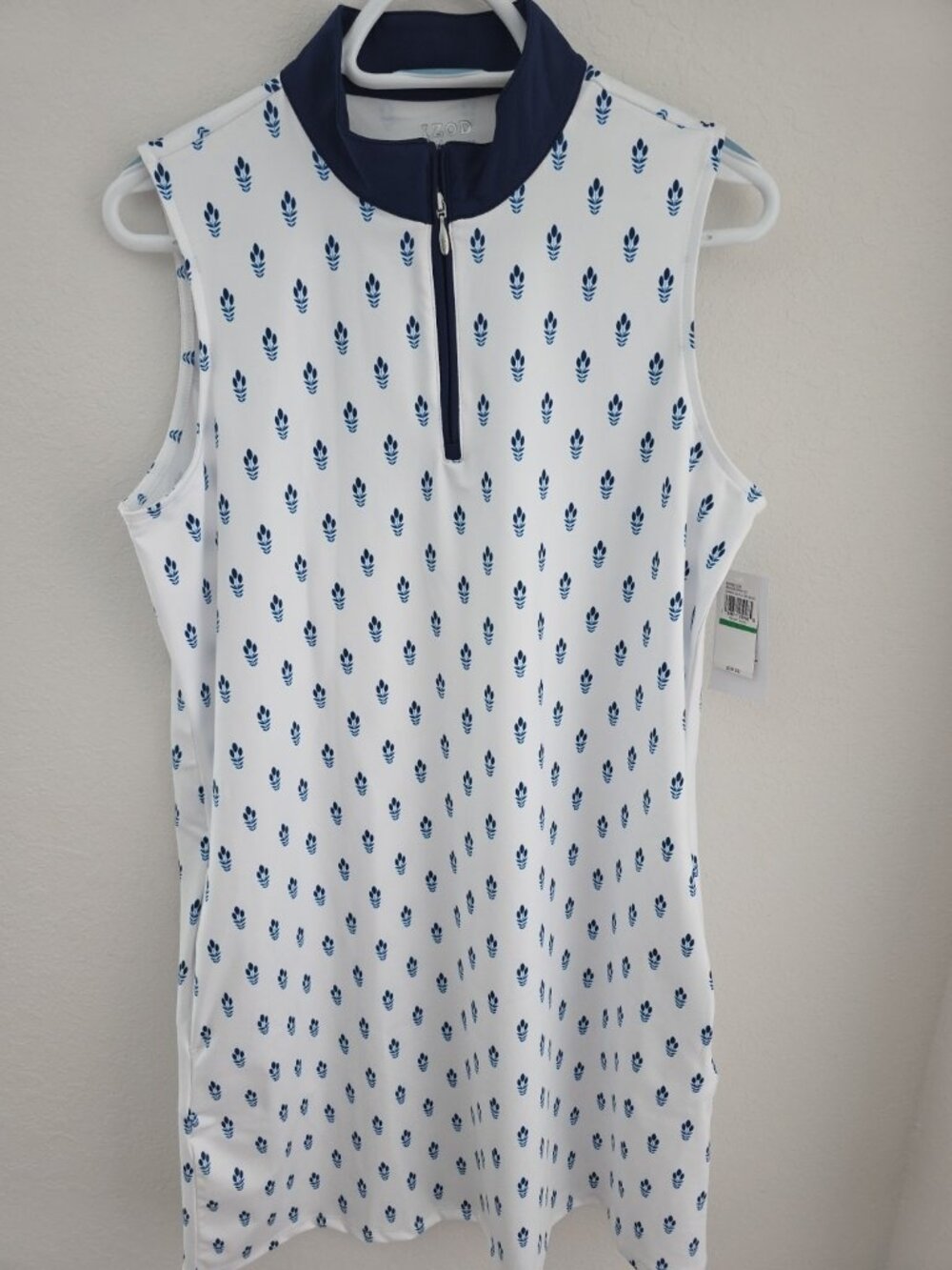 Izod White Midi Dress with Navy Leaf Print